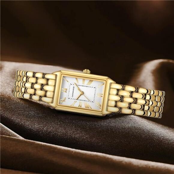 Gold Rectangle Watch Women Roman Dial Stainless Steel Band Water Resistant - Picture 5 of 7